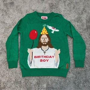 Tipsy Elves Jesus Birthday Boy Christmas Green Sweater Pullover Women’s Sz Large